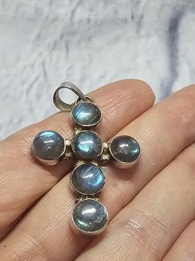 Sterling Silver 925 Labradorite Cross Pendant in Iridescent Blue-Green